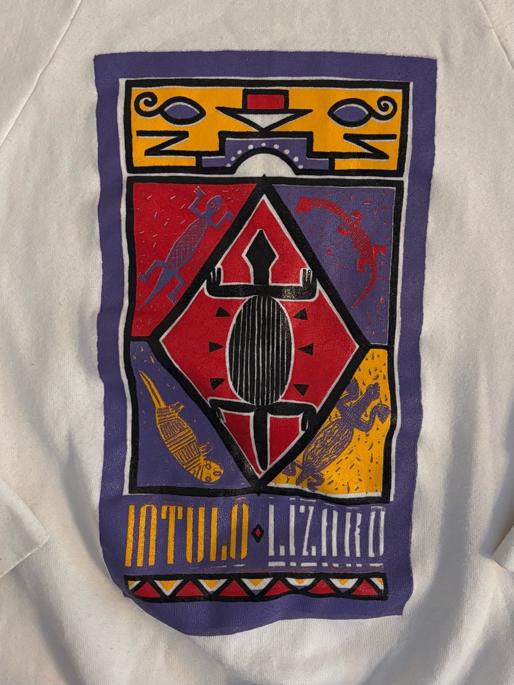 Lizard Vintage White Graphic Crewneck Sweatshirt with Colorful Aztec Print - Picture 4 of 4